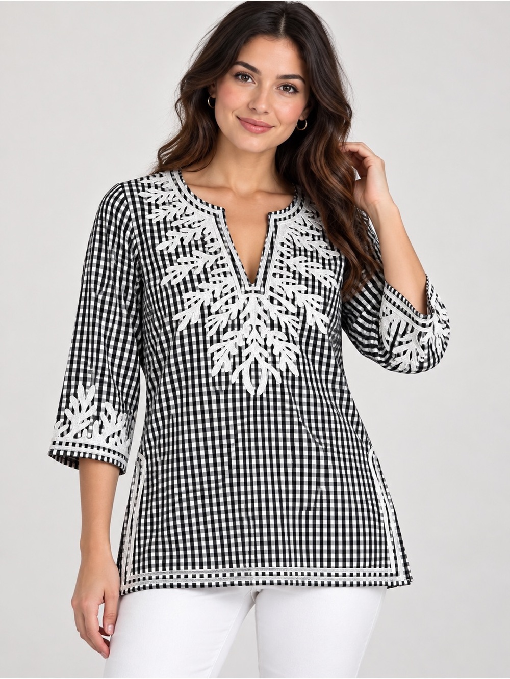 Gretchen Scott Black & White Gingham Embroidered Cotton Tunic Top Size S